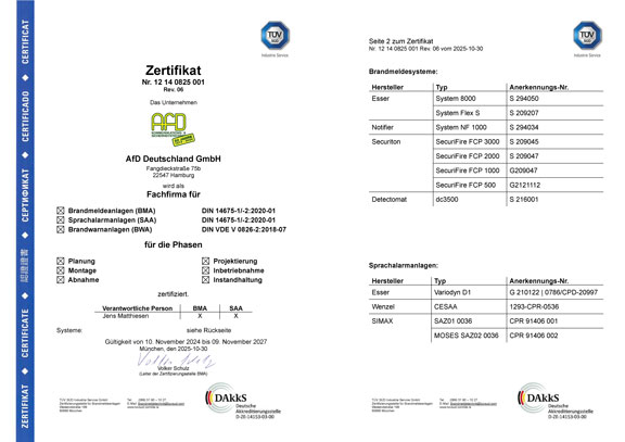 Zertifikat nach DIN 14675-1/-2:2020-01 für Brandmeldeanlagen (BMA), Sprachalarmanlagen (SAA) und Brandwarnanlagen (BWA)