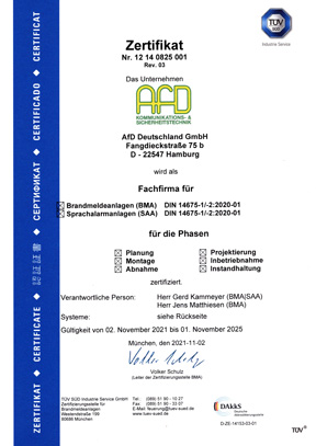 Scan: Zertifikat nach DIN 14675:2012-04 für Sprachalarmanlagen